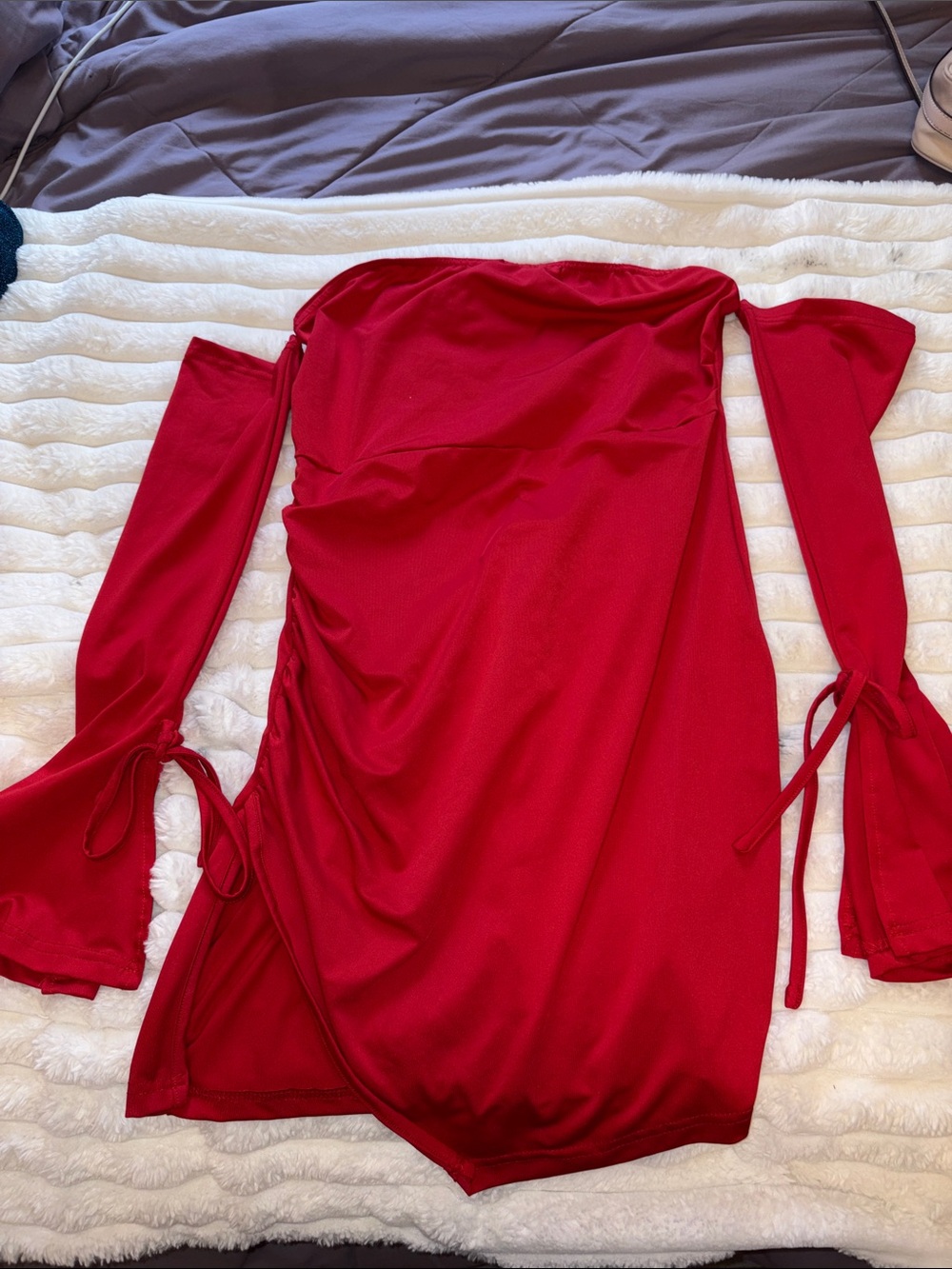 Off-Shoulder Red Ruched Mini Dress